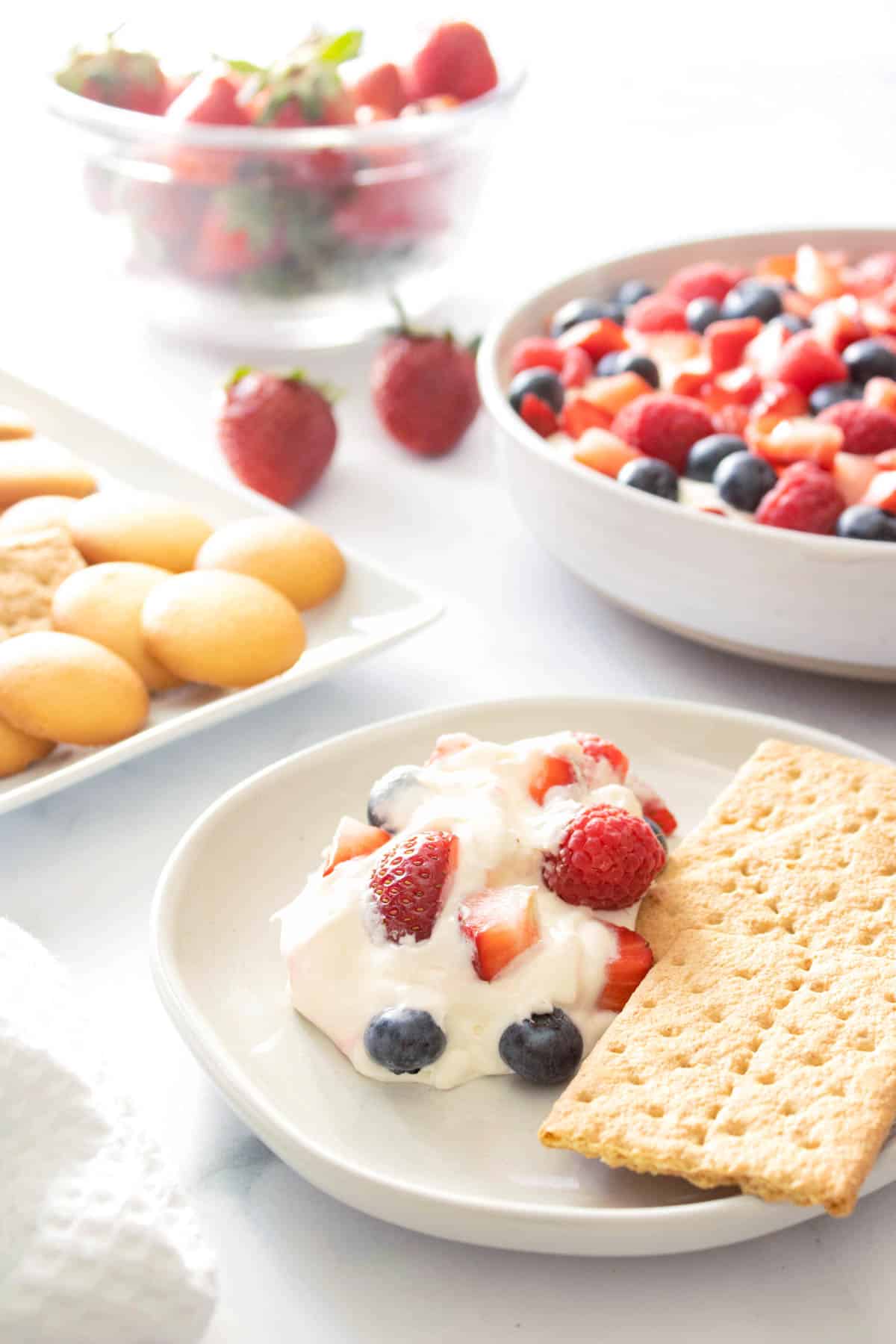 A portion of cheesecake fruit dip on a white plate with graham crackers and more dip and cookies in the background.