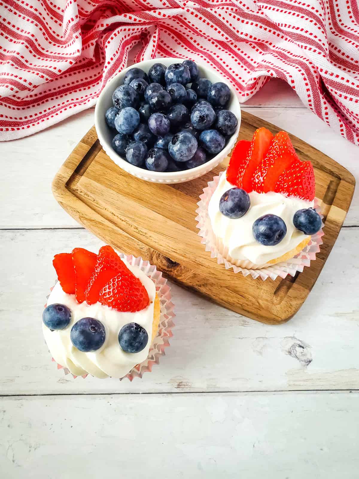 Red white and blue cupcakes that are patriotic and perfect for Memorial Day or 4th of July.