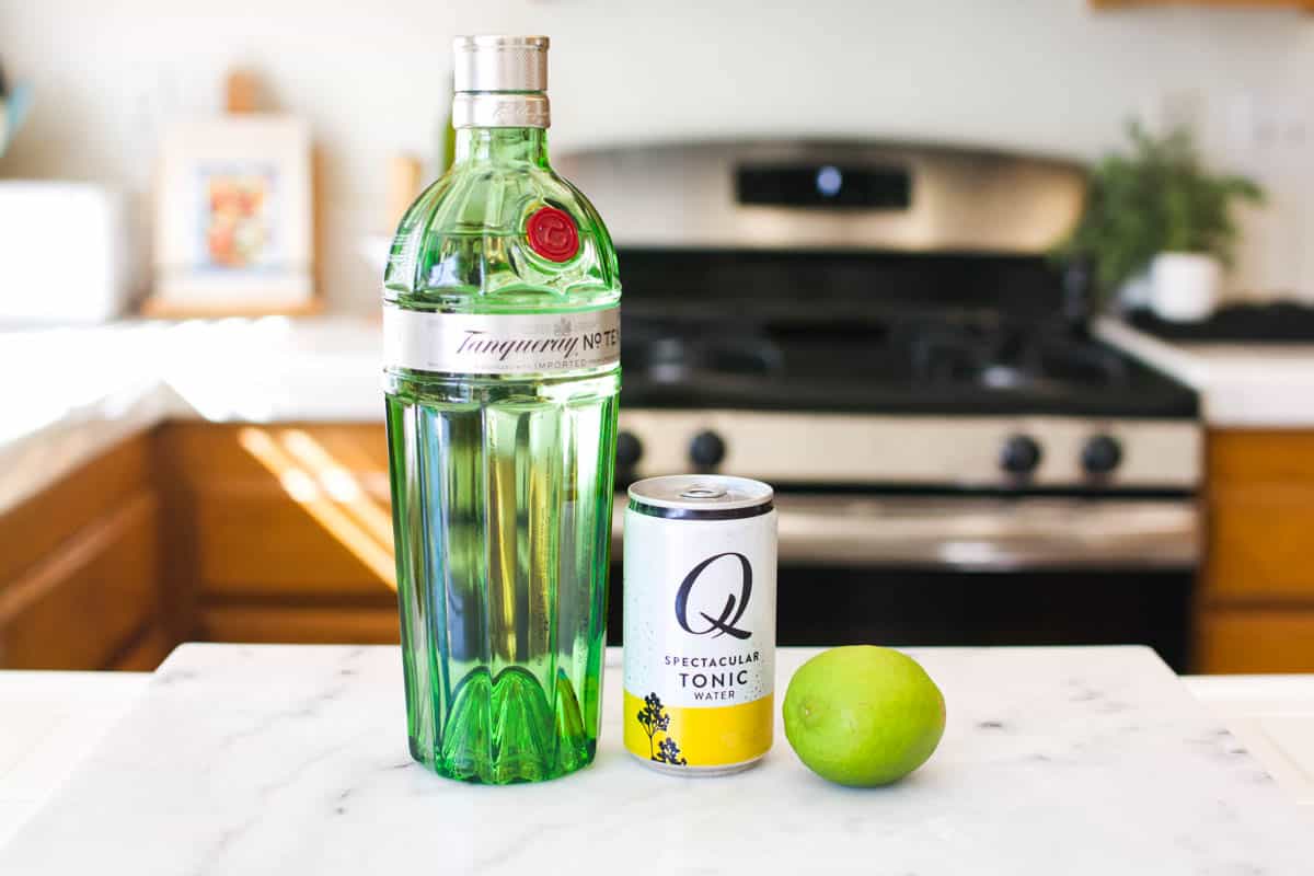 Ingredients for a gin an tonic on the countertop.