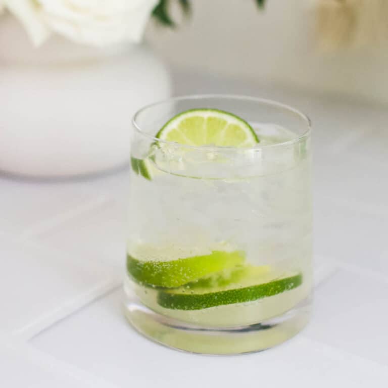 Close up of a gin and tonic garnished with lots of slices of fresh lime.