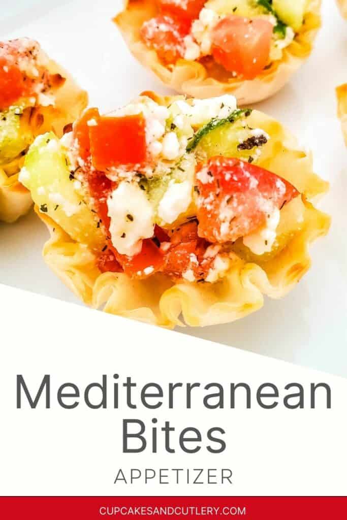 Text - Mediterranean Bites appetizer with phyllo shells stuffed with a feta, cucumber and tomato salad.