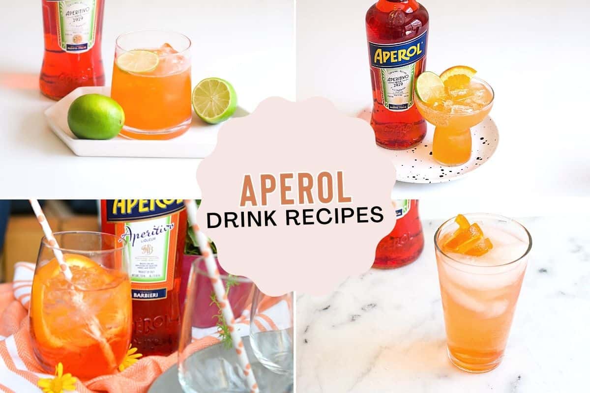 Text: Aperol Drink Recipes on top of 4 images of cocktails with Aperol.