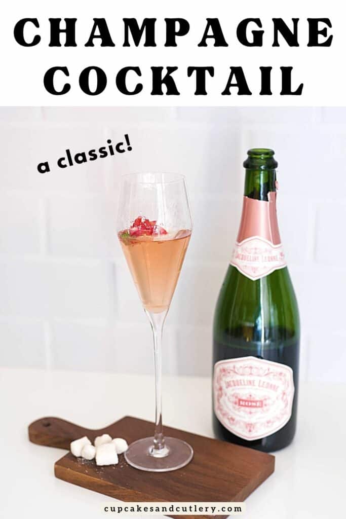 Champagne Cocktail made with pink champagne next to the bottle.