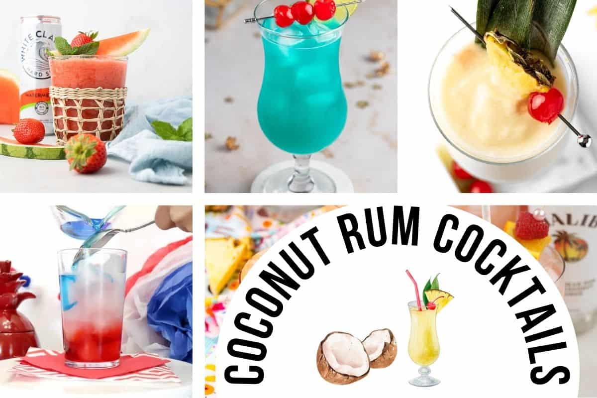 Text: Coconut rum cocktails over 6 images of cocktails made with Malibu rum in a variety of colors.
