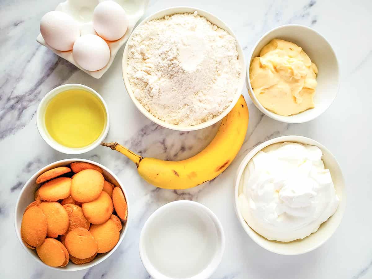 Ingredients to make a banana pudding cupcake recipe.