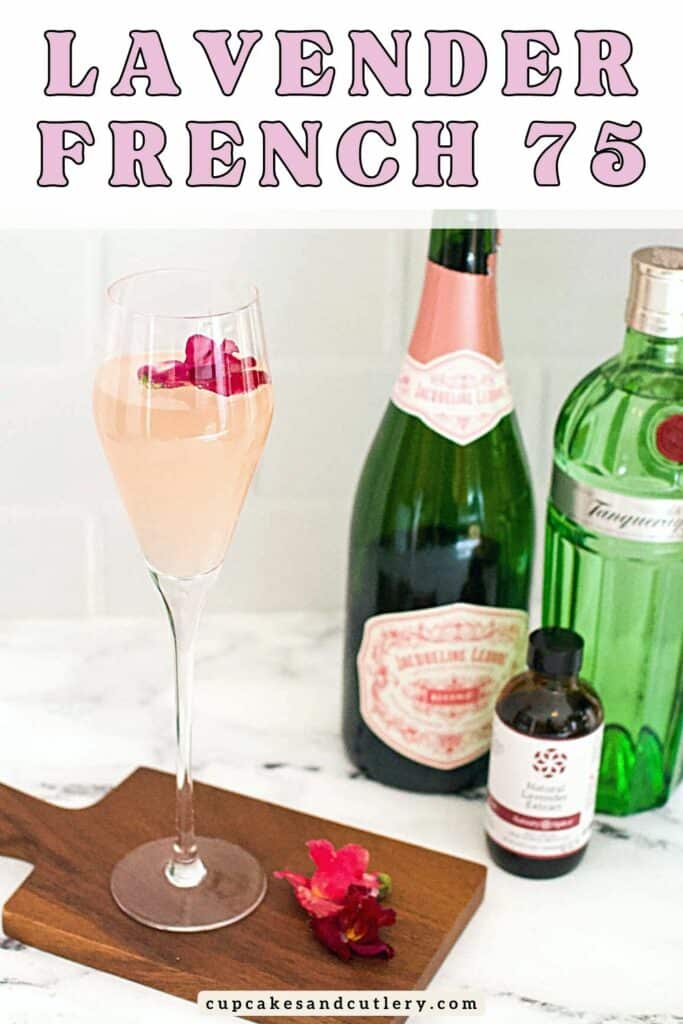 Close up of a Lavender French 75 cocktail in a champagne flute next to the ingredient bottles.