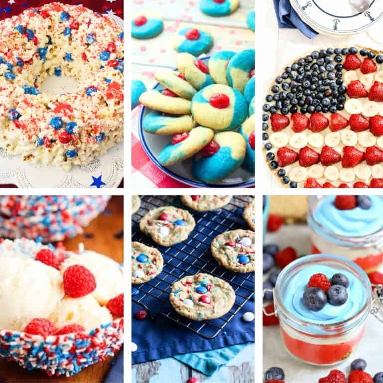 A bunch of images of red, white and blue desserts for a 4th of July party.