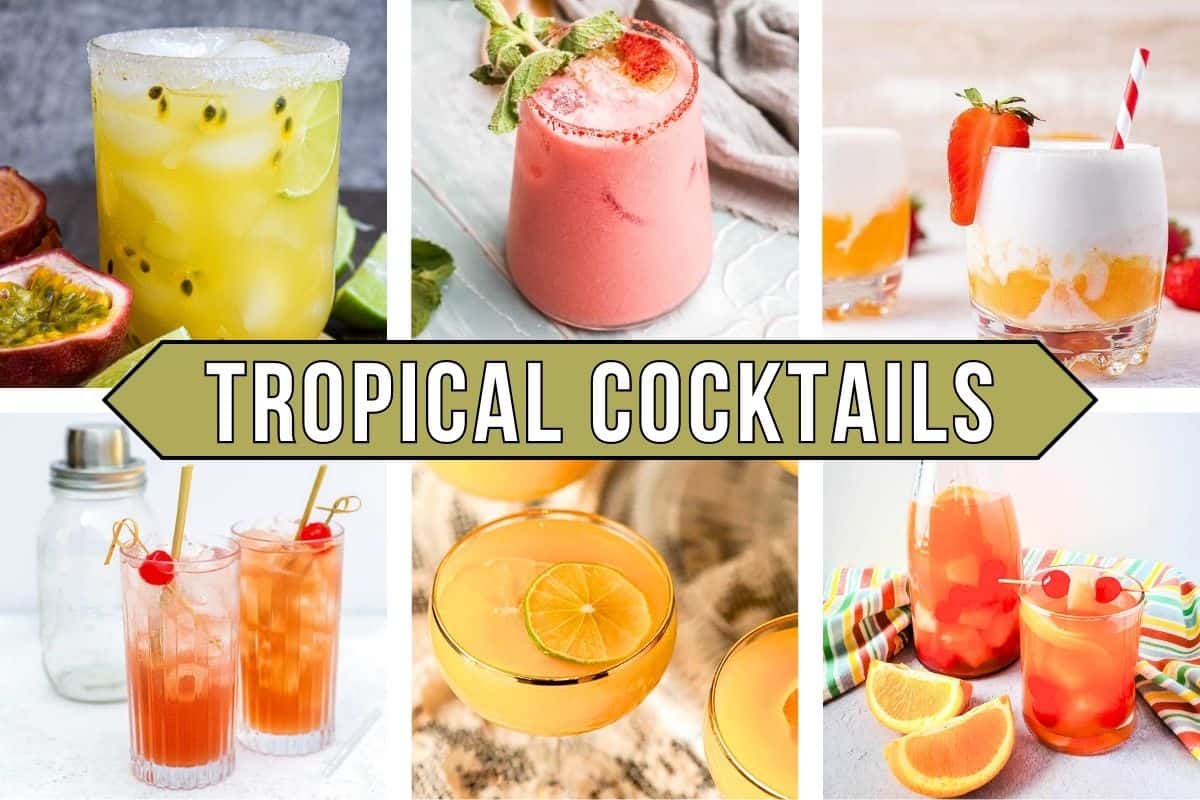 Text: Tropical cocktails with 6 colorful images of drinks featuring tropical flavors.