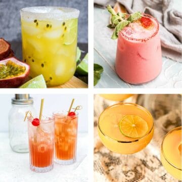 4 images of colorful tropical cocktails.