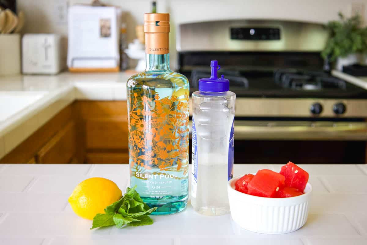 Ingredients to make a watermelon gin cocktail on the kitchen countertop.