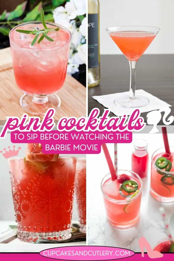 Text: Pink cocktails to sip before watching the Barbie movie with a variety of cocktails that are variations of pink.