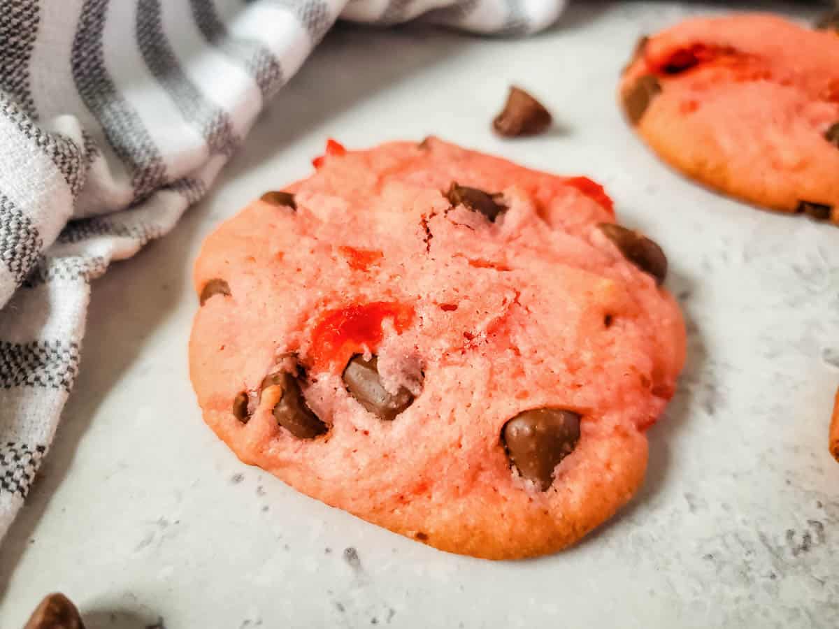 Cake mix cookies with cherry and chocolate chips.