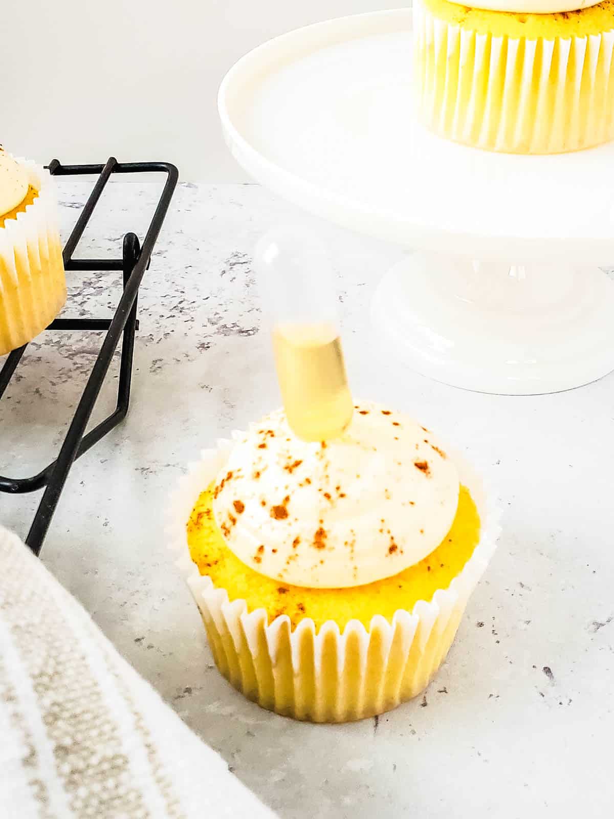 Spiced rum cupcake with pipettes sticking out and frosted and sprinkled with cinnamon.