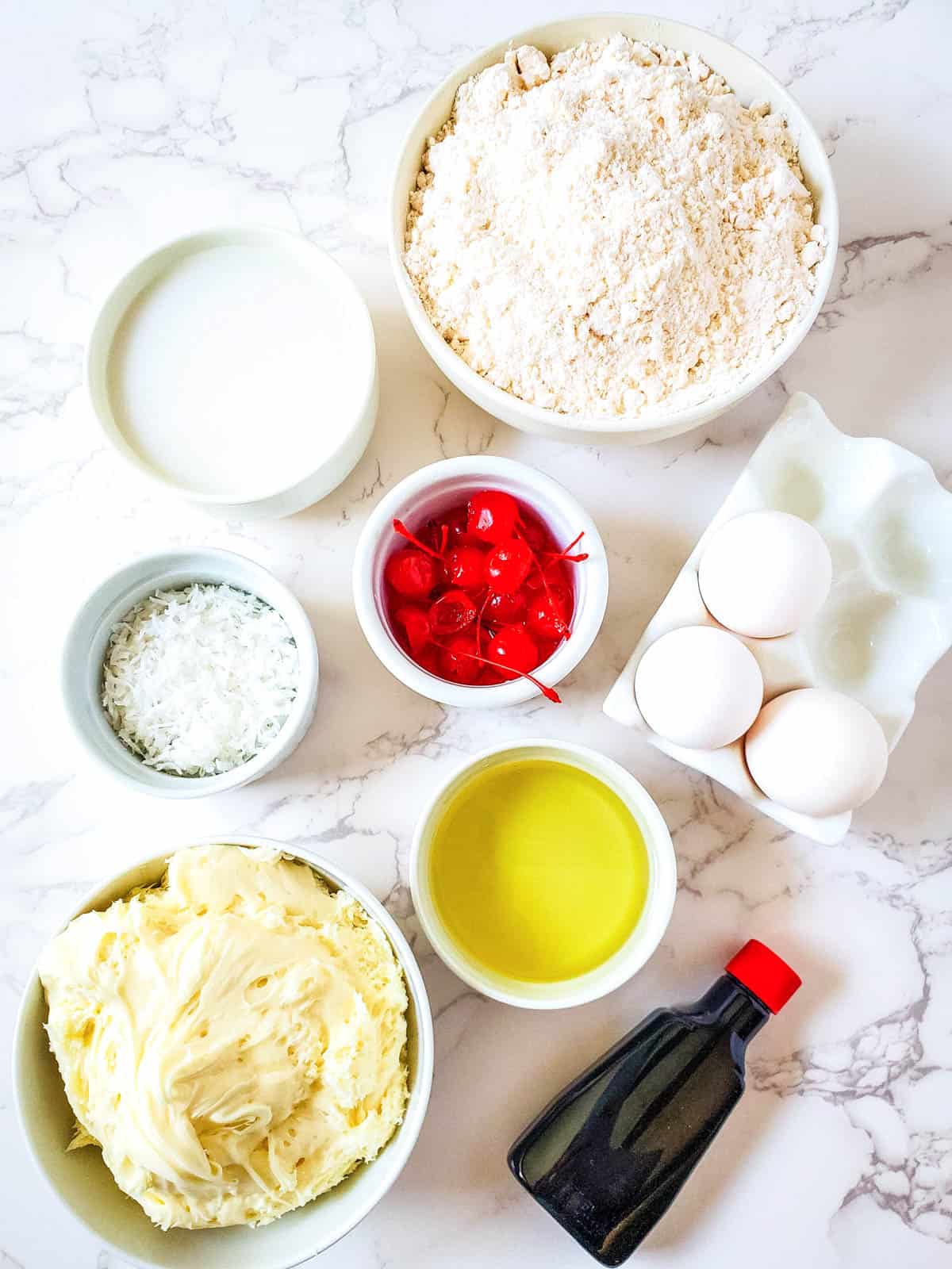 Ingredients needed for this coconut cupcake recipe.