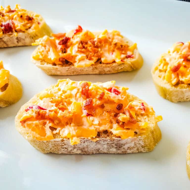 Tasty pimiento cheese crostini close up image.