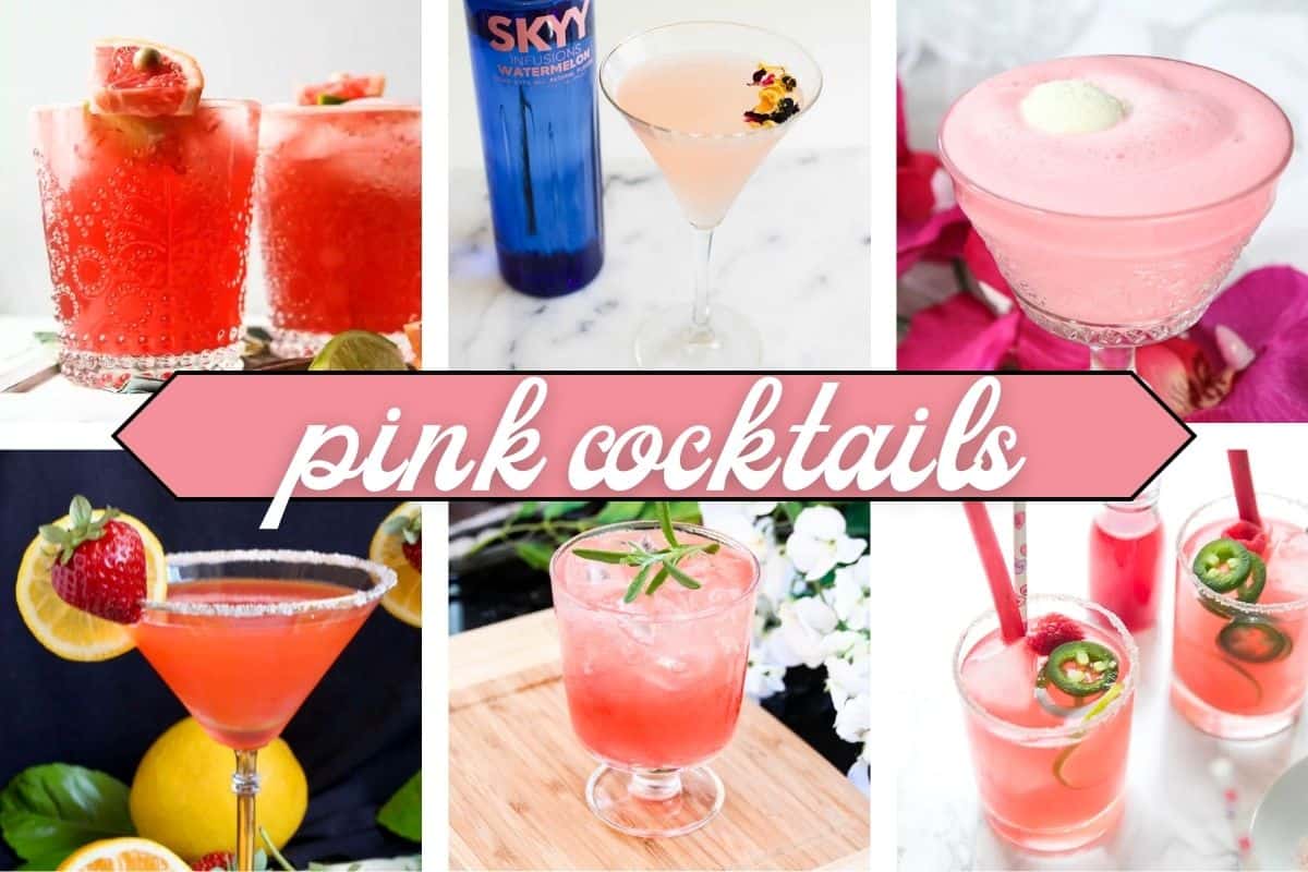 Text: Pink cocktail with 6 images of different pink party drinks to enjoy before seeing the new Barbie movie.