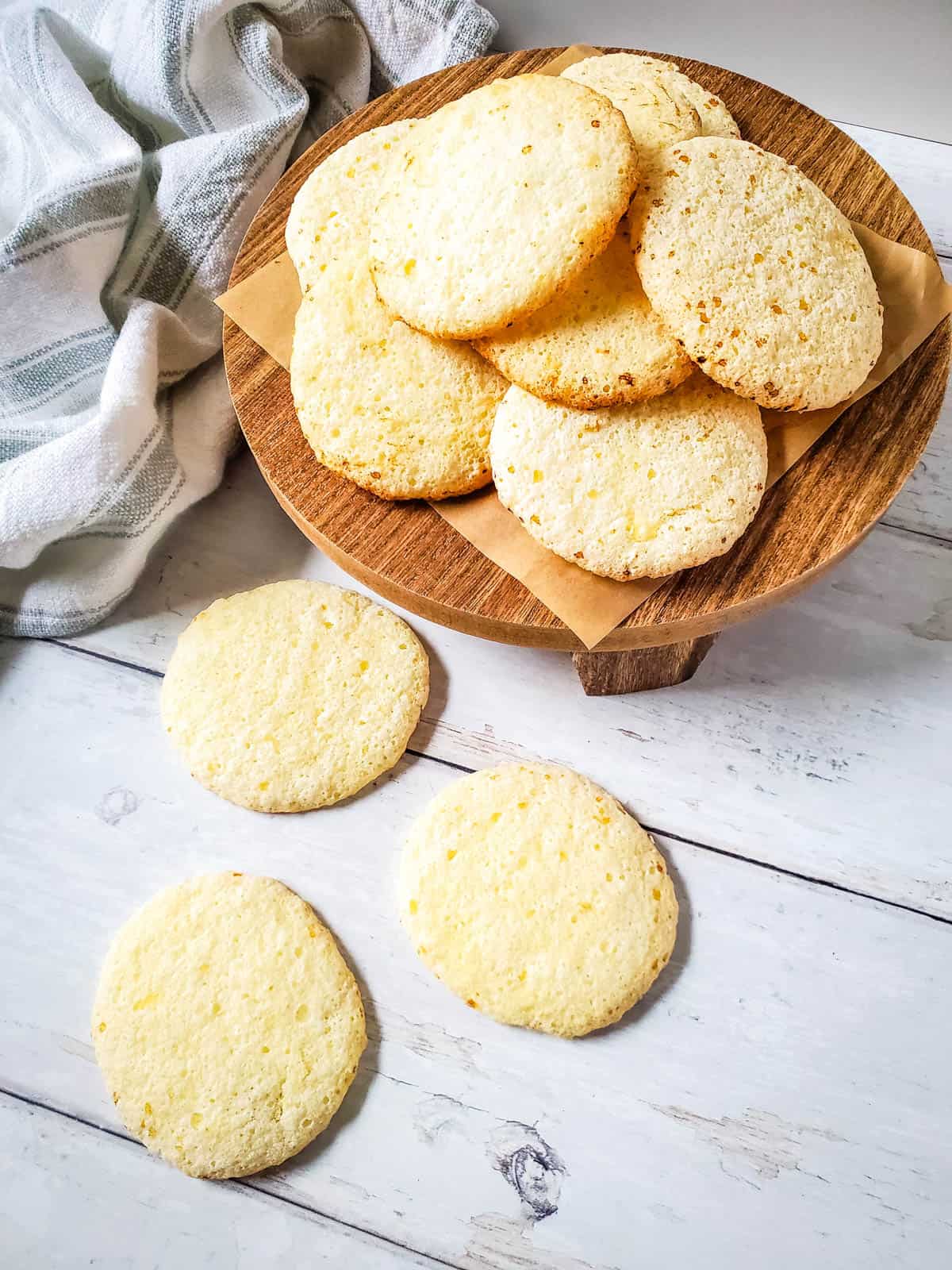 Angel food cake mix cookies on display on a serving plater and counter top.