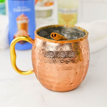 Close up of a copper Moscow Mule mug garnished with a cocktail stick.