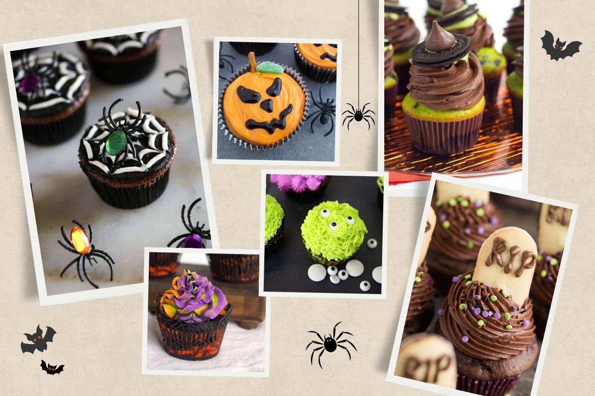 A collage of easy Halloween Cupcakes to make with festive decorations.