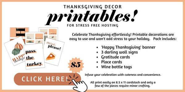 Thanksgiving Printable Decor image with text on what the pdf includes and some photos of the pages you'll get.