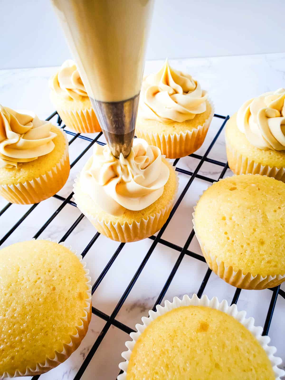 Piping salted caramel buttercream on vanilla henny cupcakes.