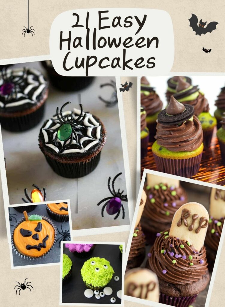 Text: Easy Halloween Cupcakes with a collage of festive decorated cupcakes.