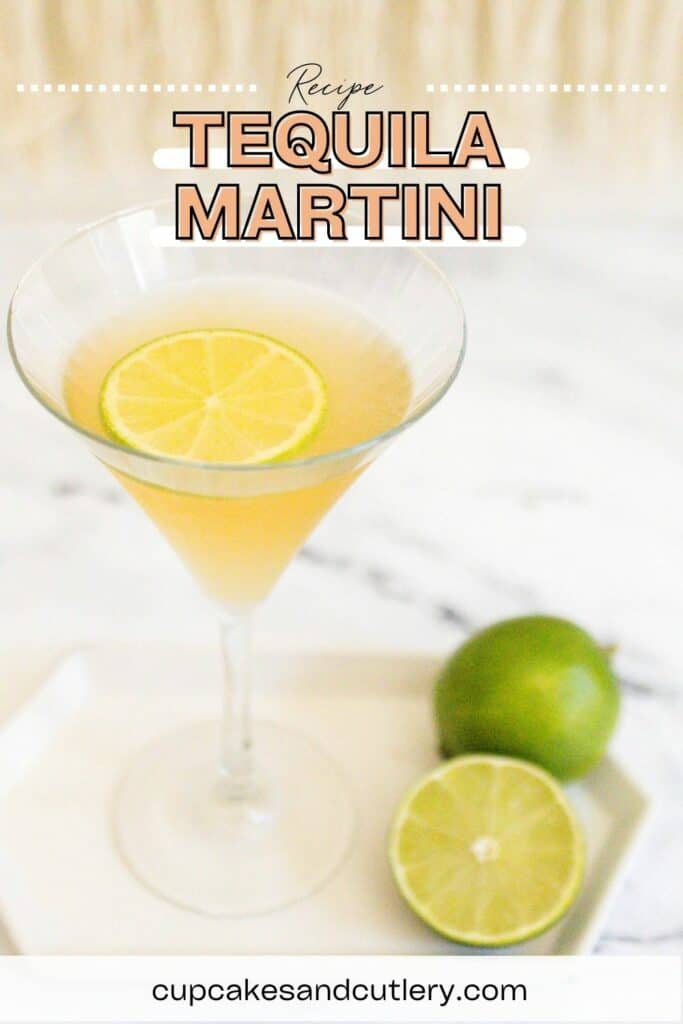 Close up of a tequila martini with a fresh lime wheel.