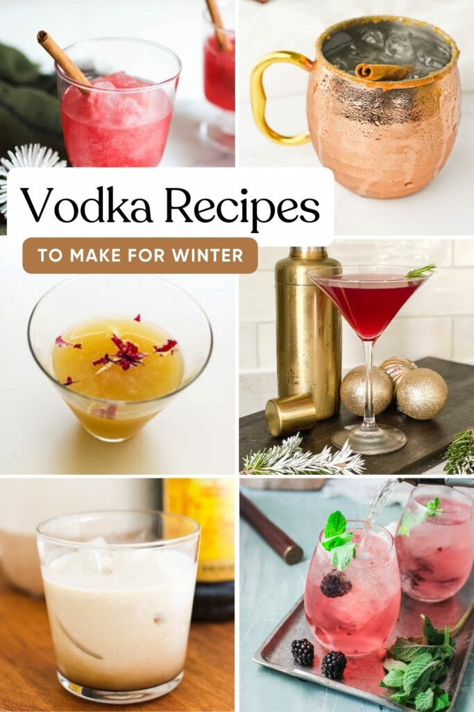 Text: Vodka Recipes to Make for Winter with 6 images of finished drinks.
