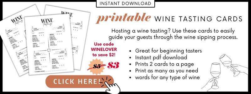 Text: Instant Download Wine Tasting Score Card to purchase with a sample of the card and some benefits of the card.