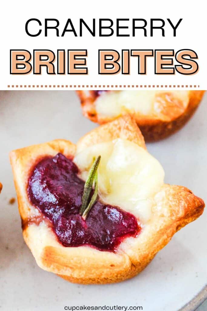 Text: Cranberry brie bites on a white plate.