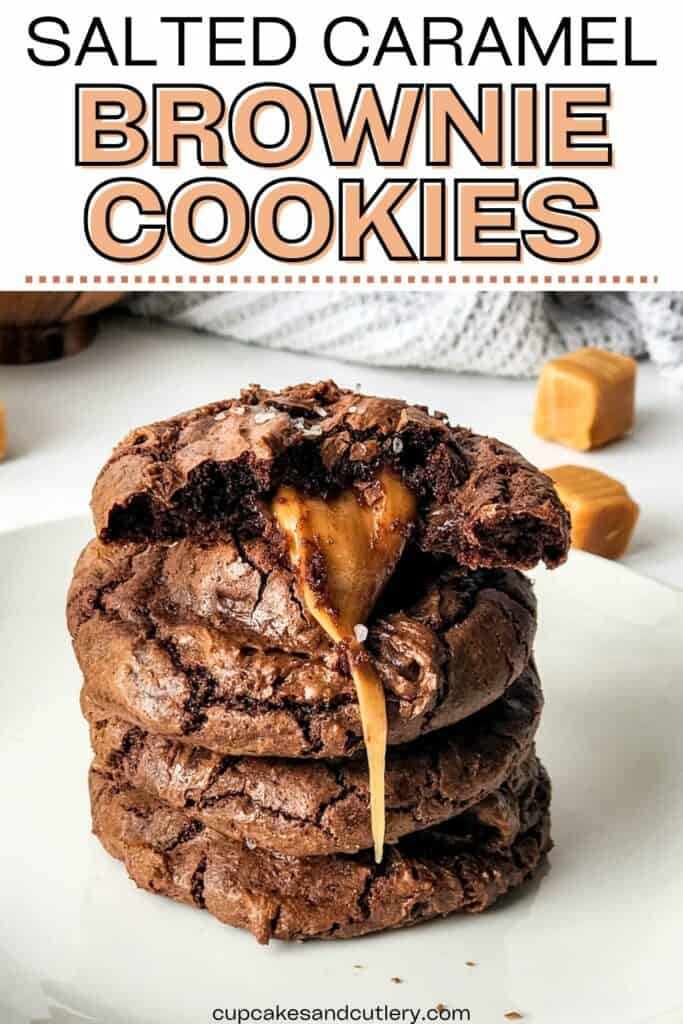 Text: Salted Caramel Brownie Cookies on a white plate with caramel candies.