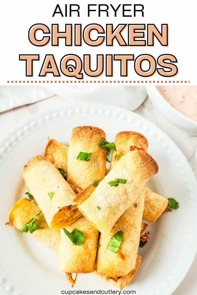 Easy air fryer chicken taquitos sprinkled with cilantro on a plate.
