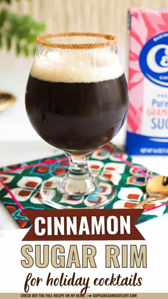 Text: Cinnamon Sugar Rim for Holiday Cocktails with a glass of beer that is rimmed with cinnamon and sugar on a cocktail napkin.