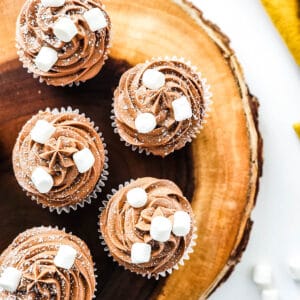 Frosted Hot Chocolate Cupcakes on a wooden tray topped with chocolate frosting and mini marshmallows.