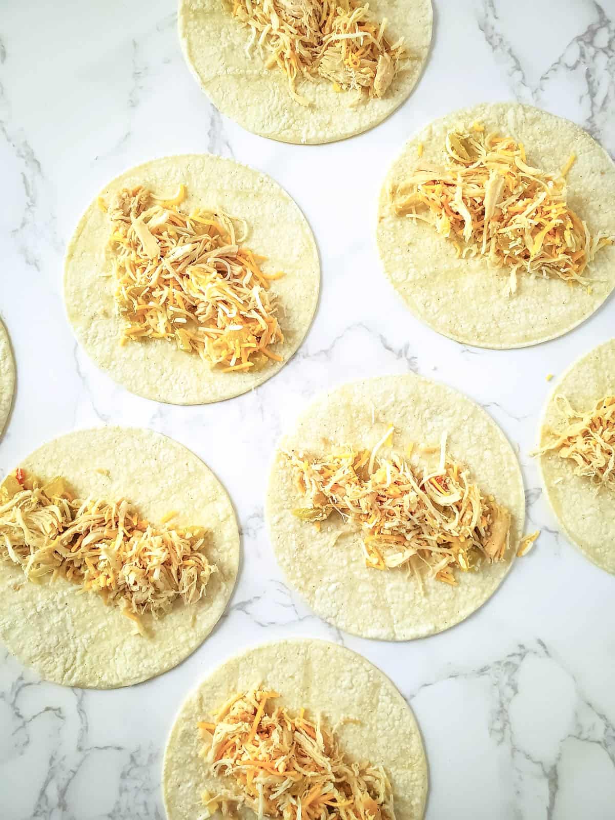 Corn tortillas with chicken and cheese filling laying on a counter.