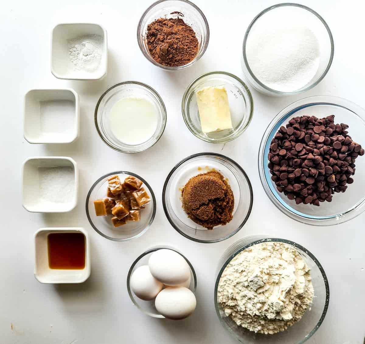 Ingredients needed to make chocolate caramel brownie cookies.