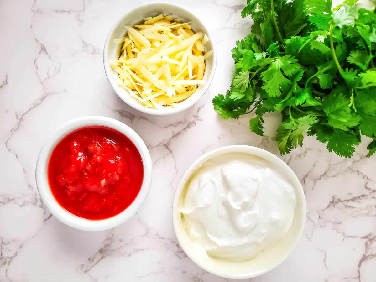 Salsa, shredded cheddar cheese, sour cream, and cilantro for salsa and sour cream dip.