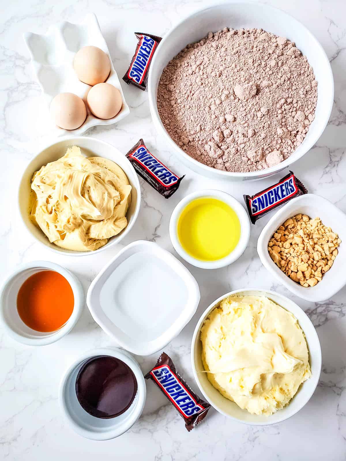 Ingredients needed to make snickers cupcakes with cake mix.