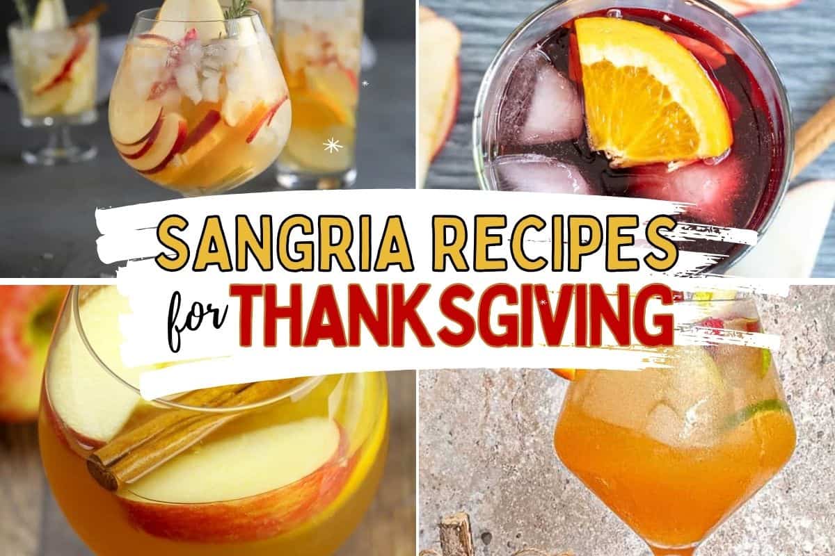 Text: Sangria Recipes for Thanksgiving with 4 different cocktail glasses holding variations of fall sangria.