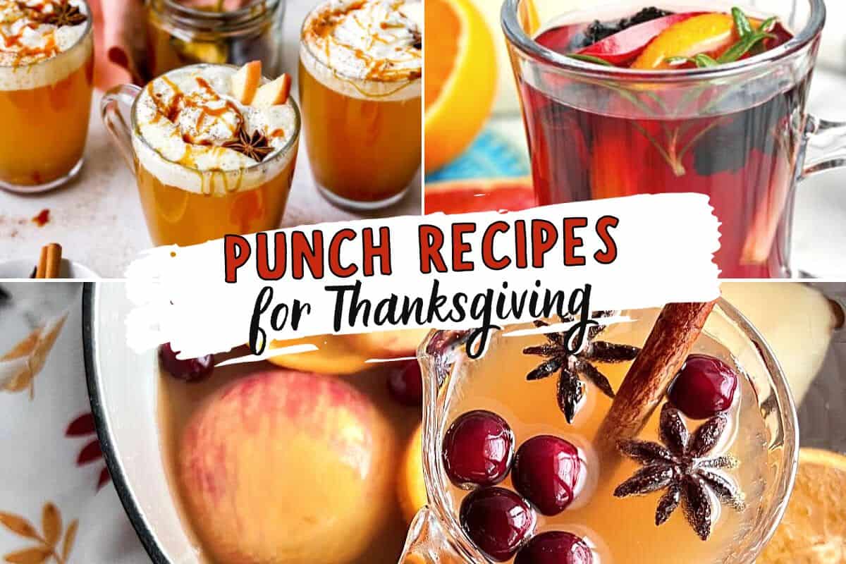 Text: Punch Recipes for Thanksgiving with fun fall punch recipes in punch bowls and cocktail glasses for Thanksgiving. 