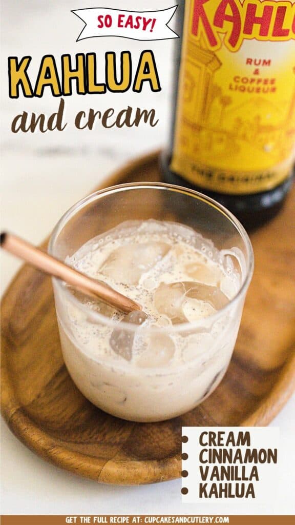 Glass of Kahlua and Cream with a metal straw and the bottle of Kahlua in the background.