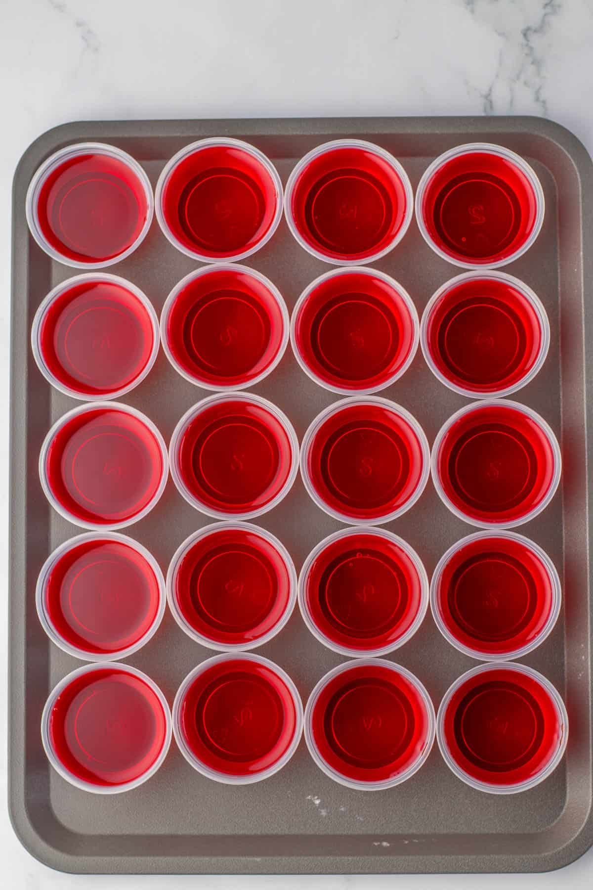 Vodka cranberry jello shots in little plastic shot cups on a cookie sheet.