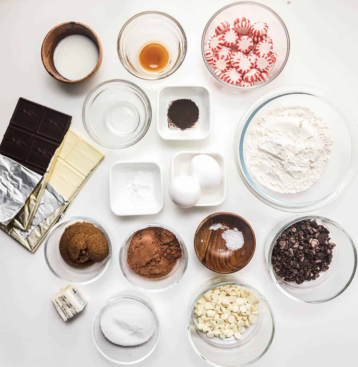 Ingredients needed to make peppermint marble cookies.