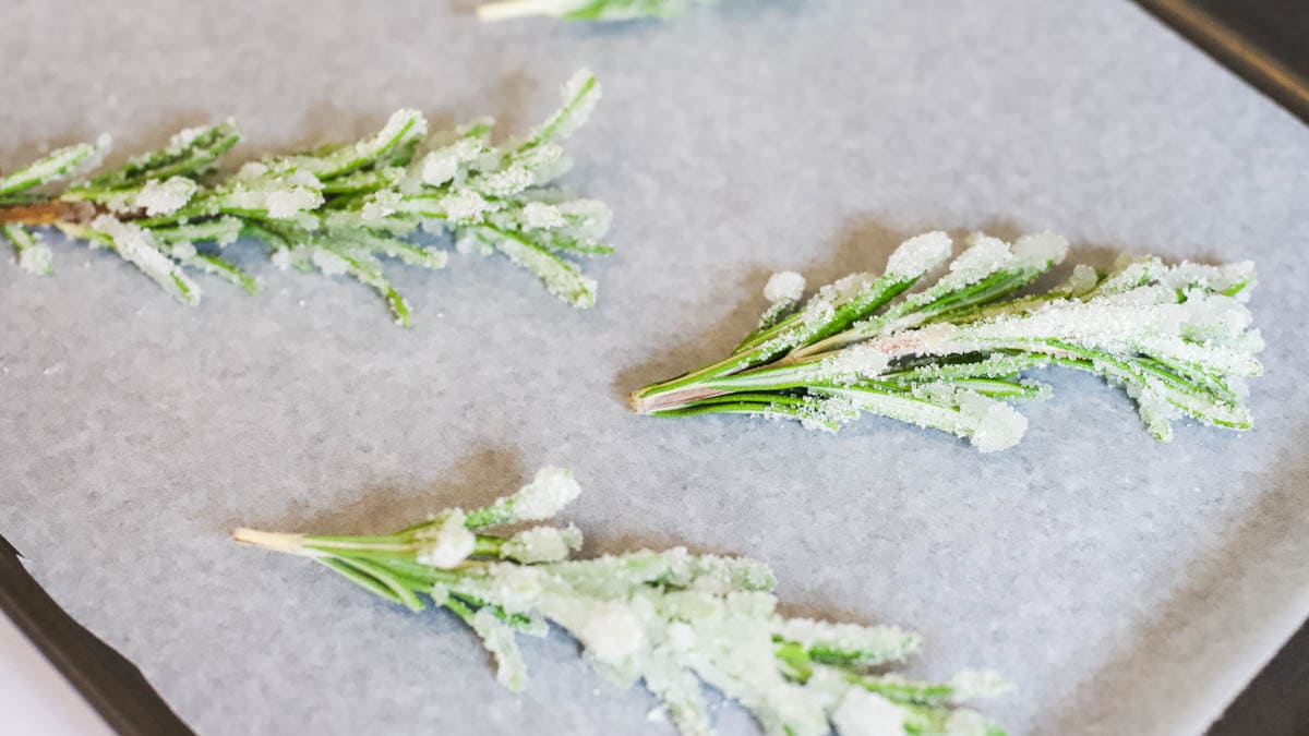 Close up image of sugared rosemary sprigs on a baking sheet lined with parchment paper.
