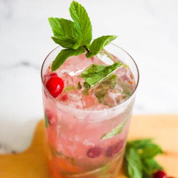 Overhead close up of a Cranberry mojito.