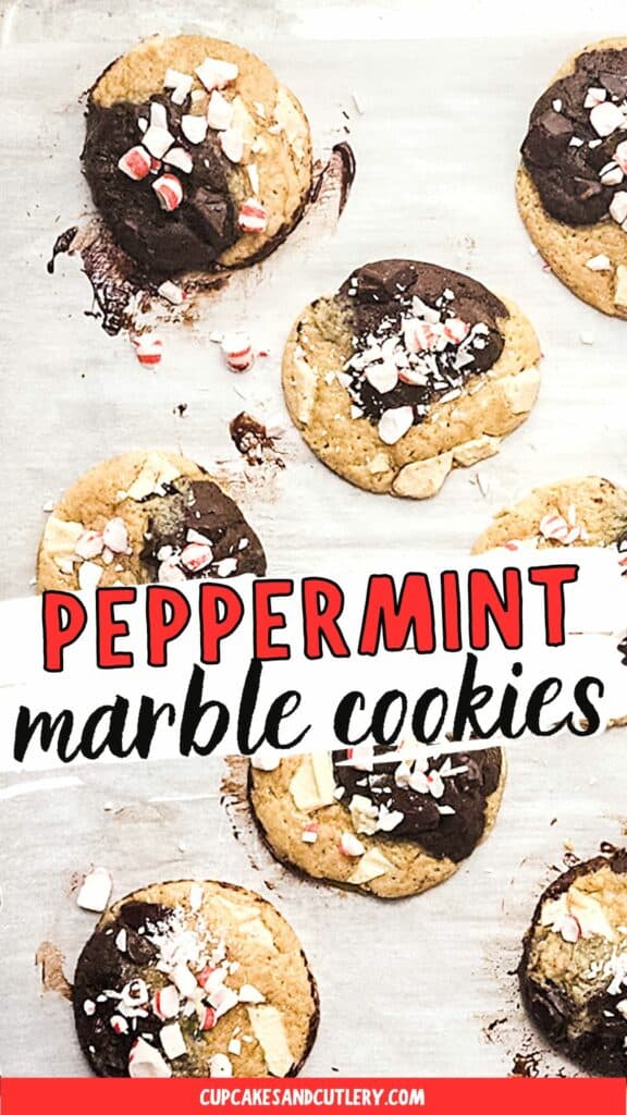 Text: Peppermint Marble Cookies with cookies topped with crushed peppermint candies on a parchment lined tray.