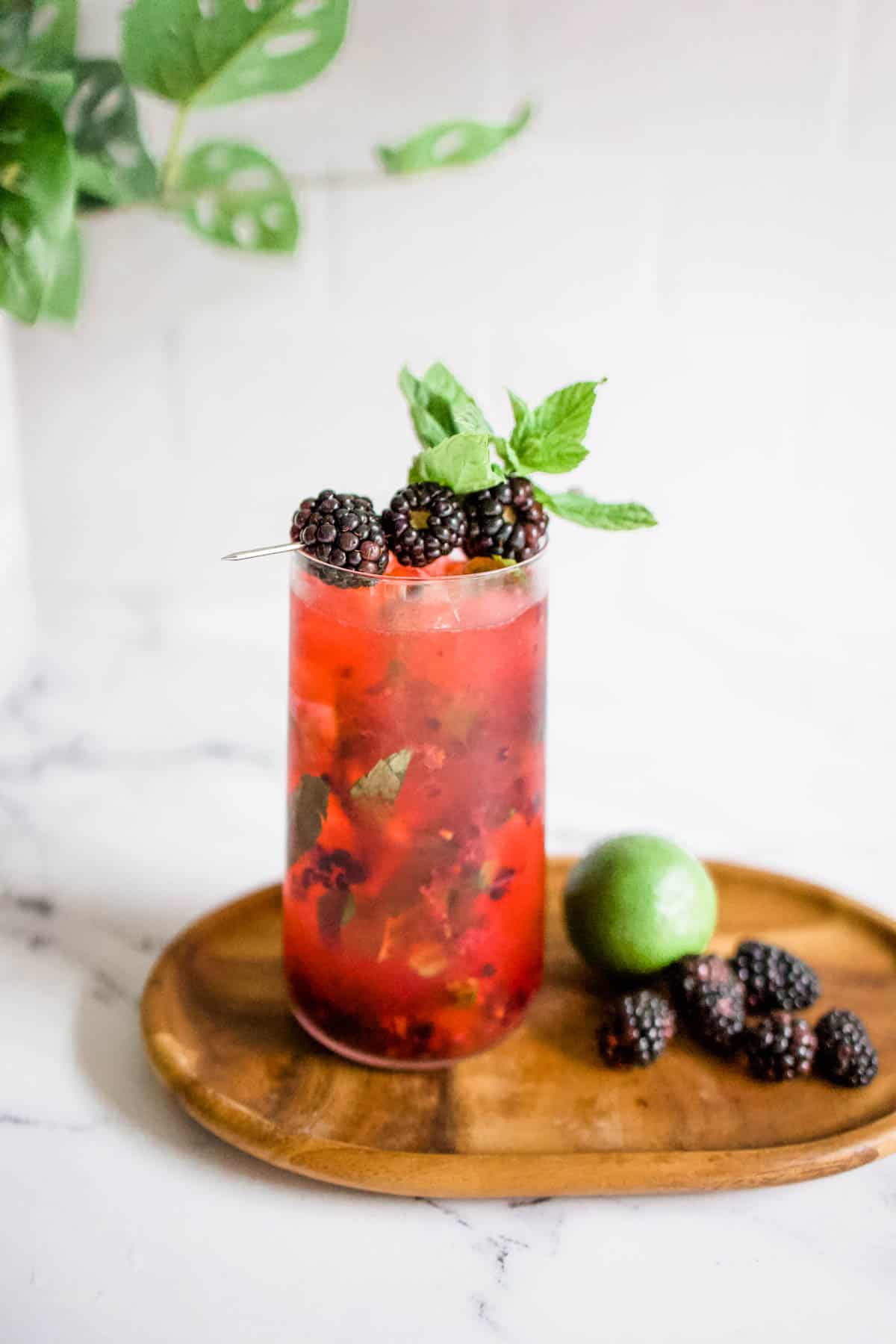 garnish with fresh mint and blackberries Blackberry mojito garnished with fresh blackberries and mint on a wooden board.