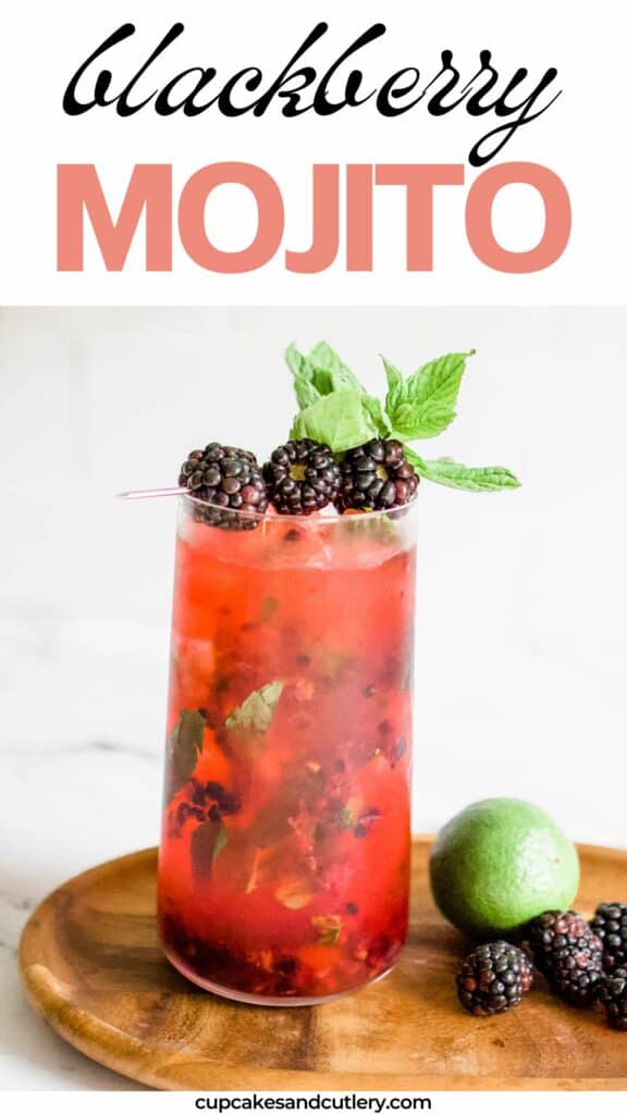 Close up of a blackberry mojito garnished with fresh blackberries and fresh mint.