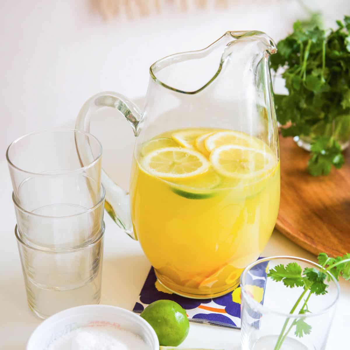 Sangria in a pitcher on a party table.