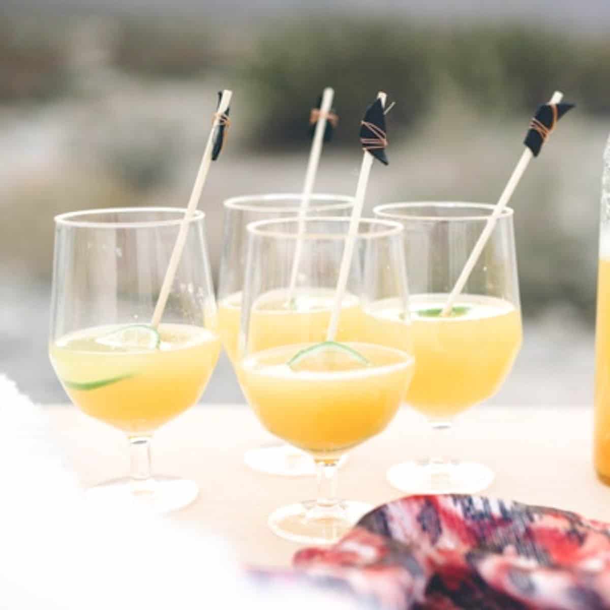 Champagne punch in glasses on a rock outside.